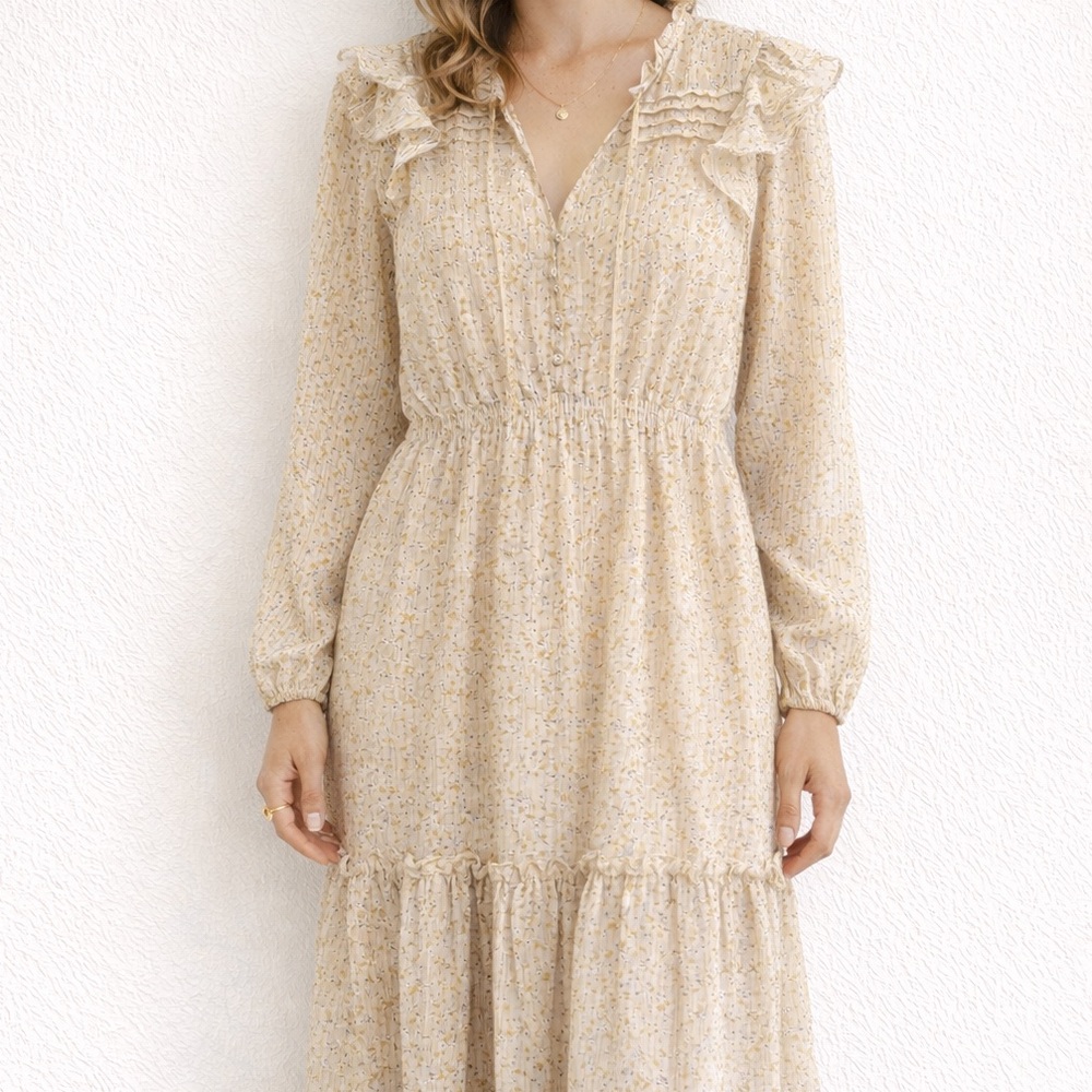 OPT Cream Metallic Floral Ruffled Sheer Long Sleeve Midi Dress XS